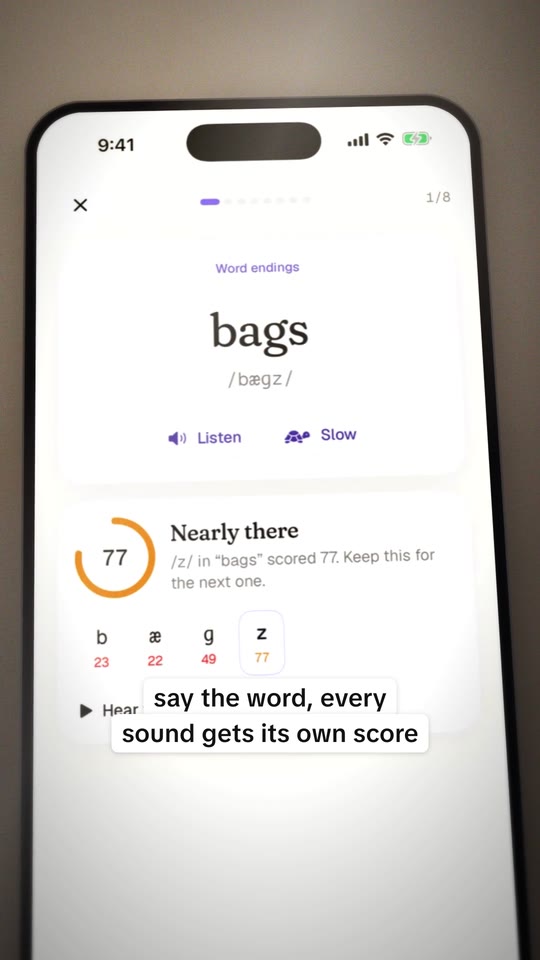 Step 2: the Heardy practice screen with the caption “say the word, every sound gets its own score”